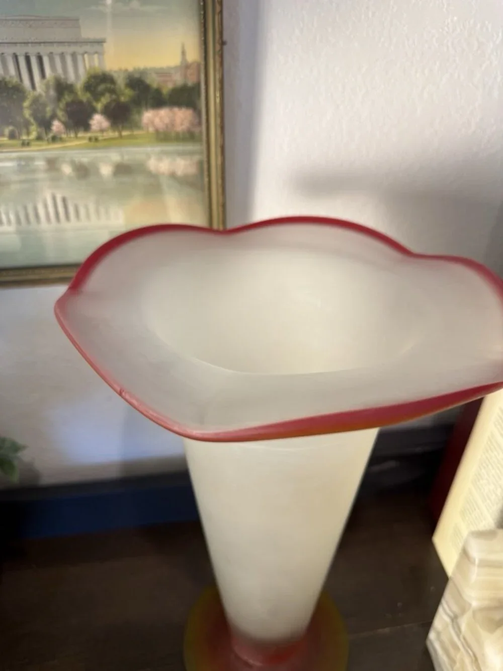 Vintage Mid-Century Art Glass Handkerchief Vase – Frosted White Red Amber – 11”